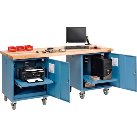 Global Industrial Mobile Pedestal Workbench, 72 x 30in, Maple Butcher Block Square Edge, Blue 318651BL